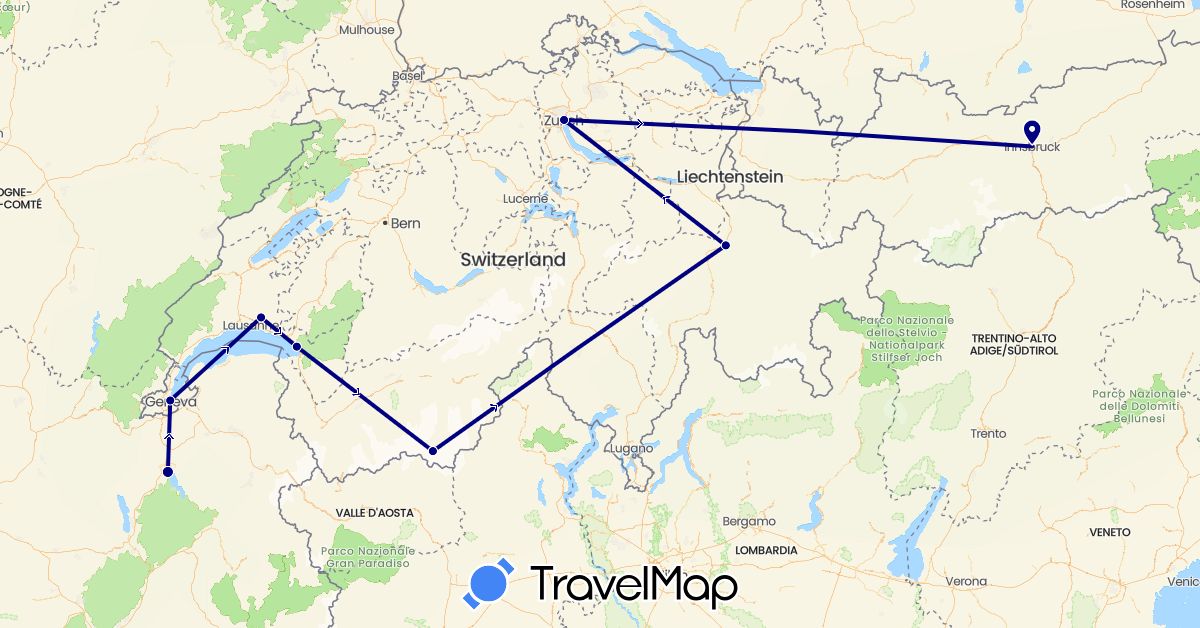 TravelMap itinerary: driving in Austria, Switzerland, France (Europe)